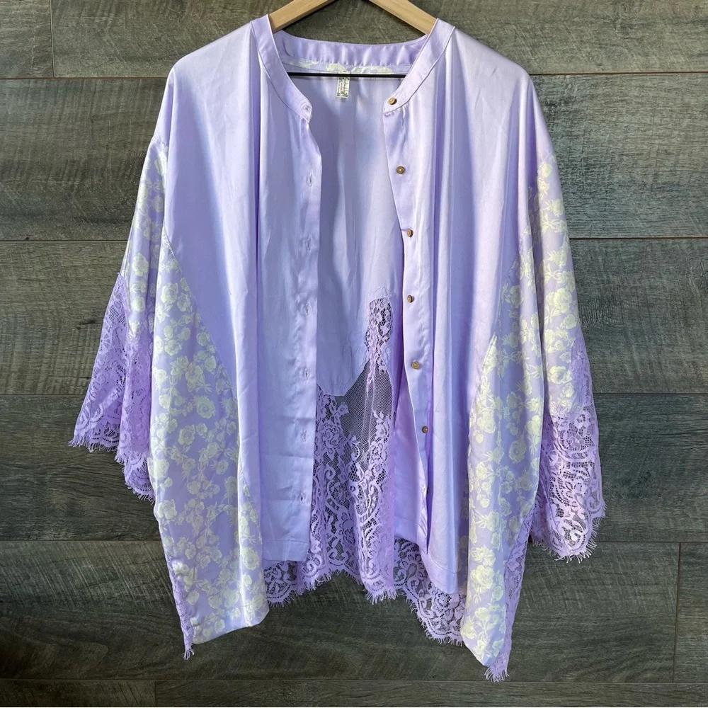 Free People Intimately Purple Night Out Sleep Shirt Top Floral Buttondown XS - Picture 5 of 8